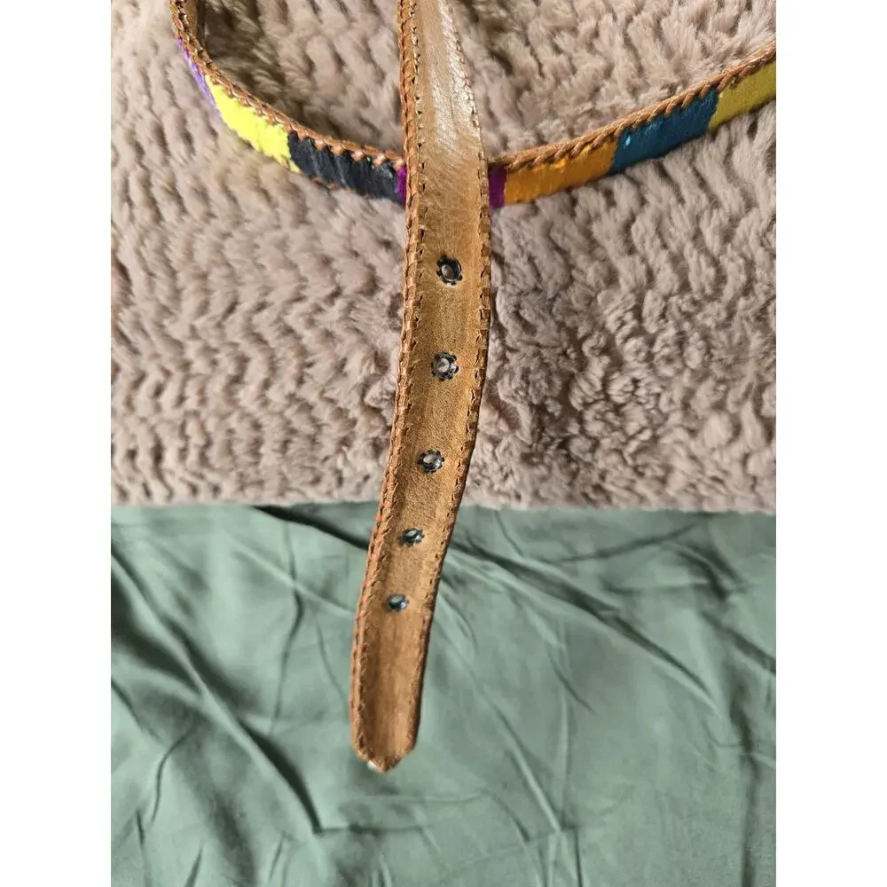Guatemalan MultiColor Woven Leather Cotton Southwestern Belt Sz 32 bohemian boho